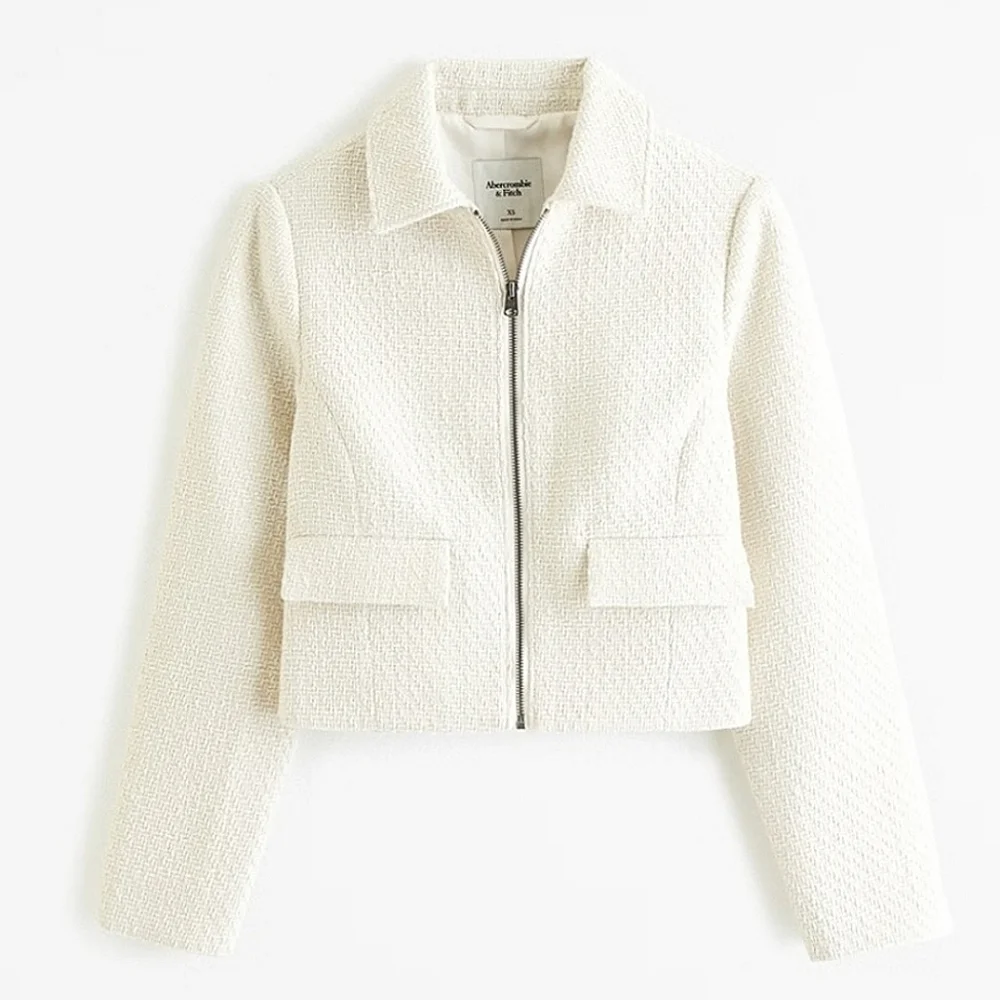 Abercrombie & Fitch Tweed Crop Jacket In Cream Size XL - Picture 2 of 8